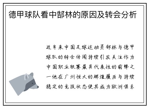 德甲球队看中郜林的原因及转会分析