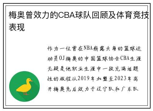 梅奥曾效力的CBA球队回顾及体育竞技表现